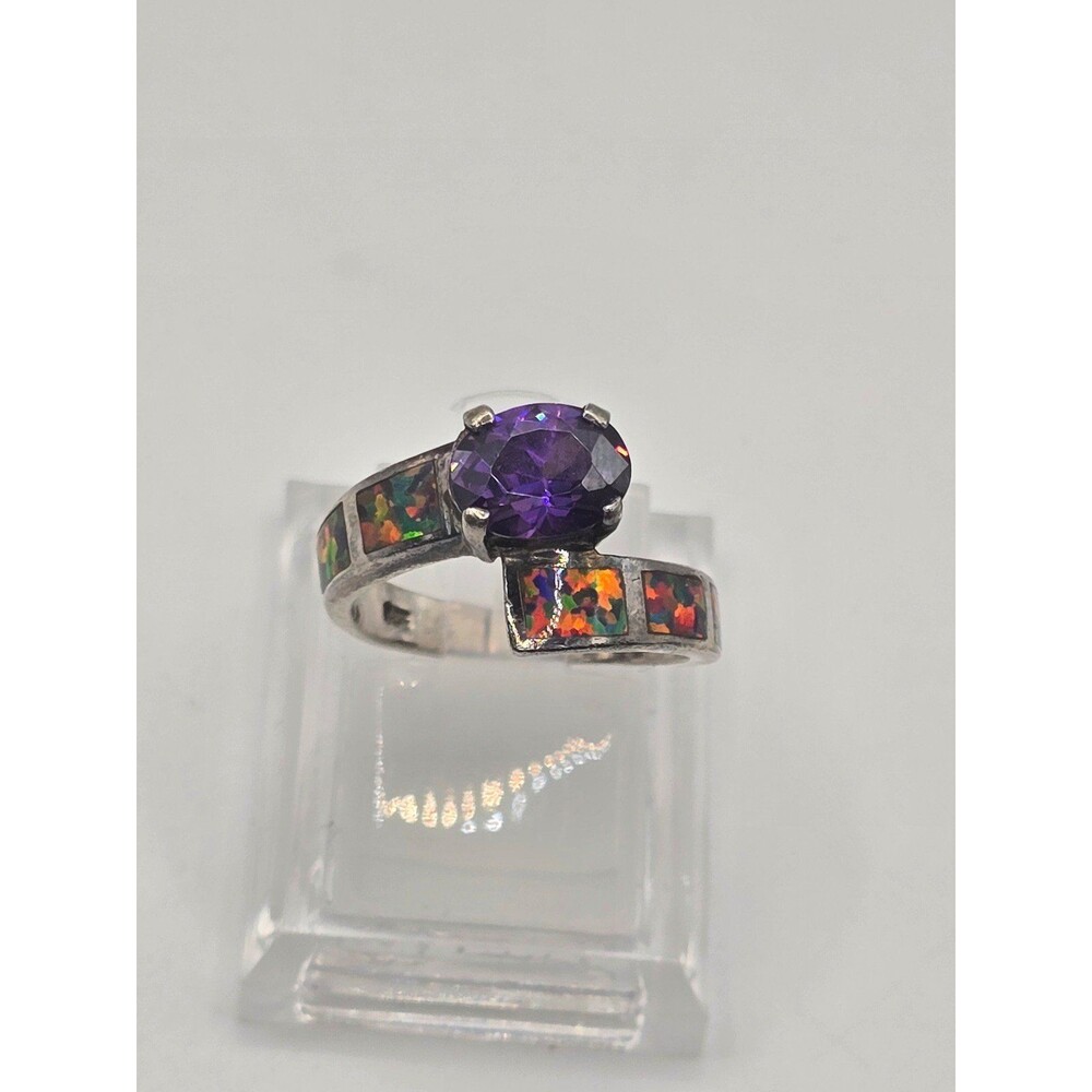 Vintage Solid Fire Opal Inlay Amethyst Bypass Ring Size 6